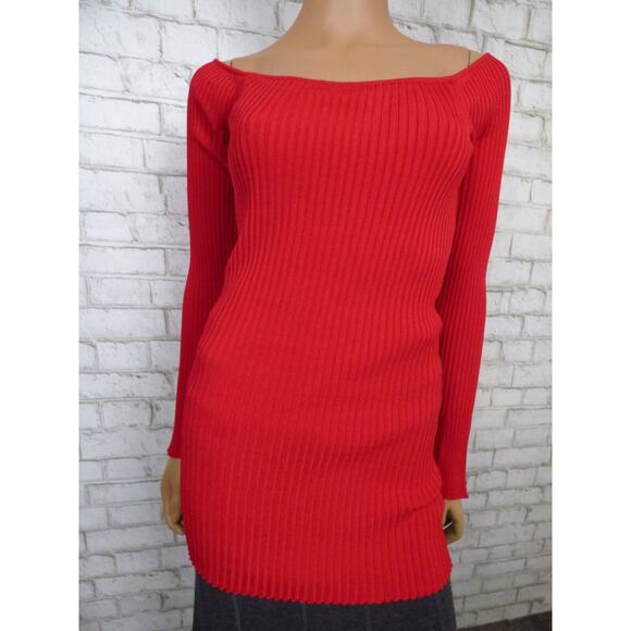 $198 MLM Label Red Ribbed Long Bell Sleeve Off Shoulder Indiana Sweater M NWT - Picture 3 of 11